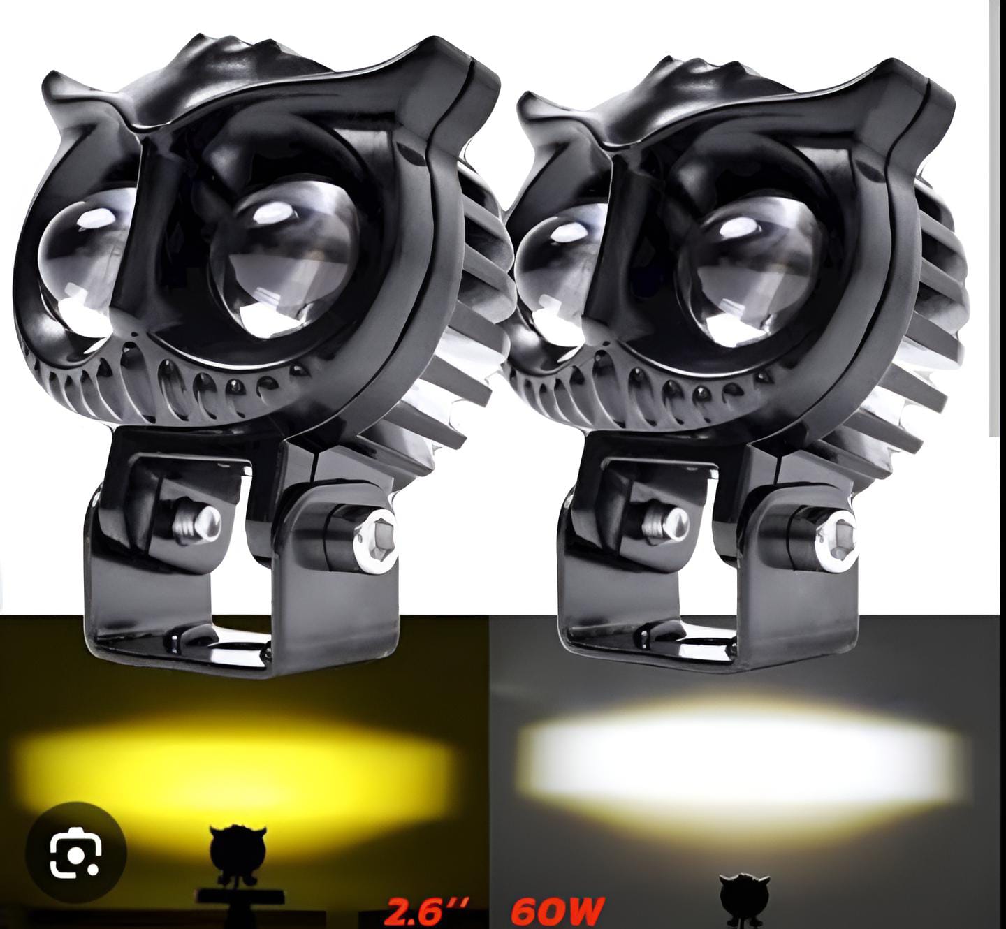 OWL Shape  (2 pcs)Fog Yellow-White &amp; Flash light Low &amp; High Beam Owl Plastic Body Spot Light for All Cars And Bikes 9V-60V 40W